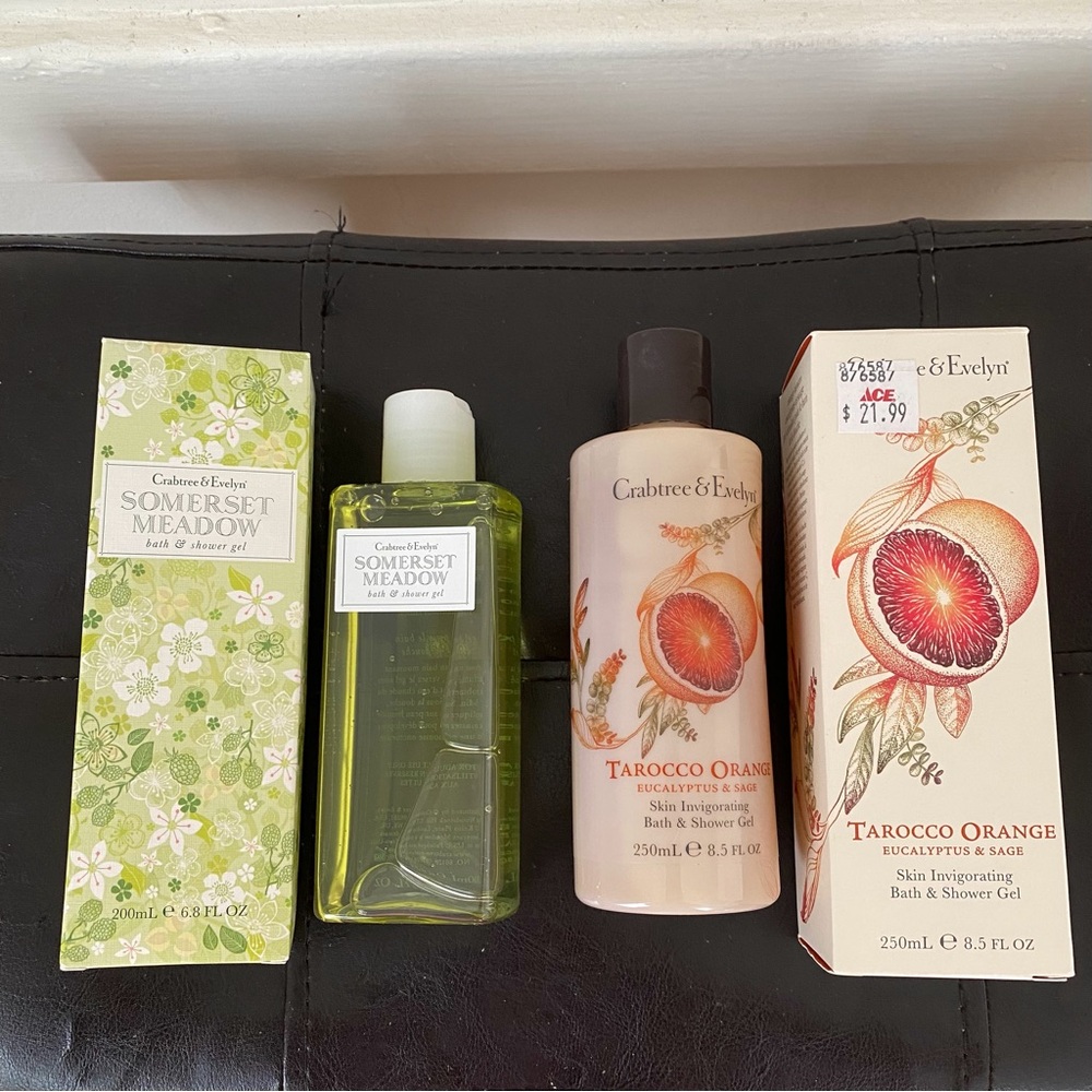 New in Box Crabtree & Evelyn Tarocco Orange & Somerset Meadow Bath & Shower Gel